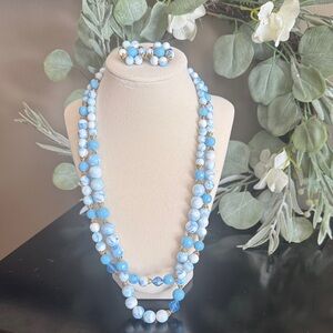 Vintage Blue & White Double Strand Beaded Necklace with Hook Closure | Unsigned